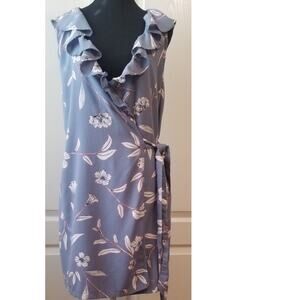 VTG -Roxy Gray Floral Casual Cottagecore Summer Wrap Dress Ruffle V-Neck Sz M/10